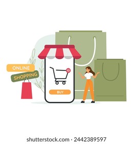 Online shopping concept. Shopping cart on phone screen. E-commerce. Shopping bags. Flat vector 