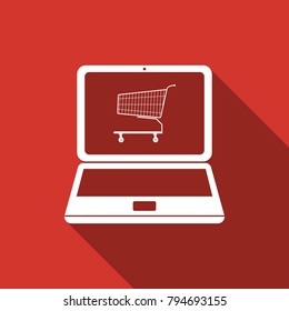 Online shopping concept. Shopping cart on screen laptop icon isolated with long shadow. Concept e-commerce, e-business, online business marketing. Flat design. Vector Illustration