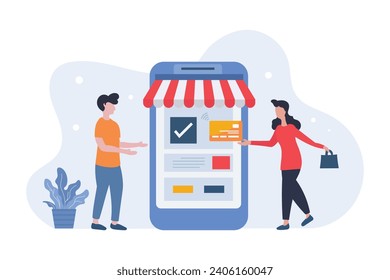 Online shopping concept of cashless payment with credit card, vector flat illustration