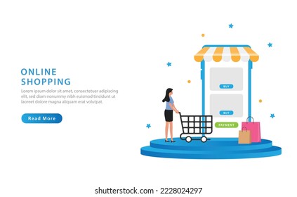 Online shopping concept. Character buying goods online on internet marketplace. Shopping online in mobile app. Vector illustration