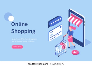 Online Shopping Concept With Character. Can Use For Web Banner, Infographics, Hero Images. Flat Isometric Vector Illustration.