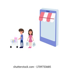 Online shopping concept with character. Can use for web banner, infographics, Flat isometric vector illustration. template and background.
