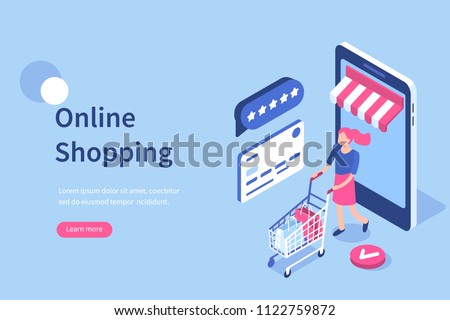 Online shopping concept with character. Can use for web banner, infographics, hero images. Flat isometric vector illustration.