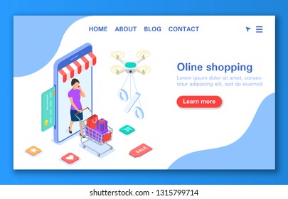 Online shopping concept. Character with a shopping cart from the Internet. Vector isometric illustration.
