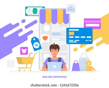 Online shopping concept with character. Flat vector illustration can use for web banner, infographics, hero images.