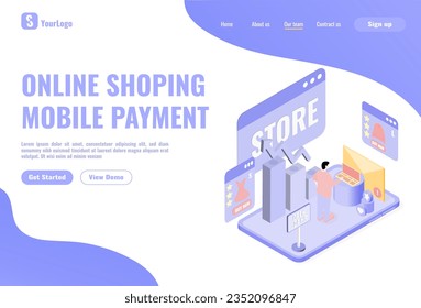 Online shopping concept with character. People choosing chart store with good rating and clients experience. Can use for web banner, infographics, Flat isometric vector illustration.