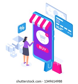 Online shopping concept with character. Sale and consumerism. Young woman shop online using smartphone. Can use for web banner, infographics, hero images. Flat isometric vector illustration.