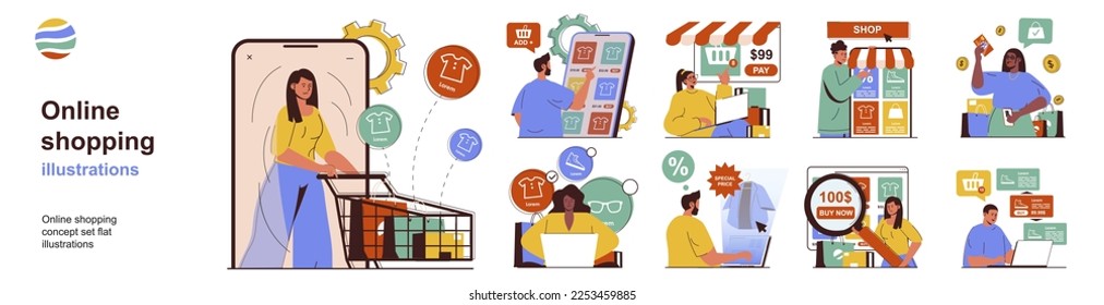 Online shopping concept with character situations collection. Bundle of scenes people choose goods from assortment of store, order and pay using mobile app. Vector illustrations in flat web design