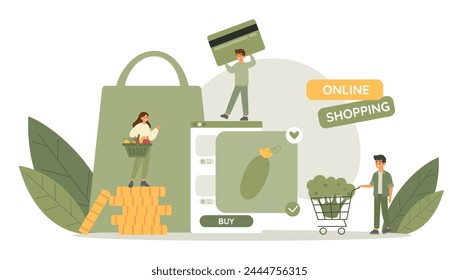 Online shopping concept. Characters buying vegetables from store using card. Phone application. Shopping basket
