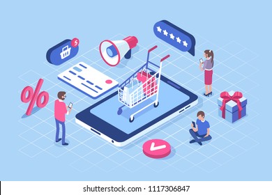 Online shopping concept with characters. Can use for web banner, infographics, hero images. Flat isometric vector illustration isolated on white background.