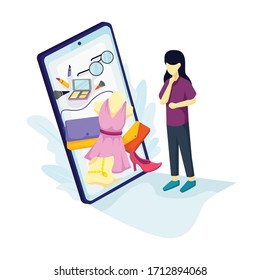 Online shopping concept with characters female. Can use for web banner, infographics, hero images. Flat isometric vector illustration isolated on white background.