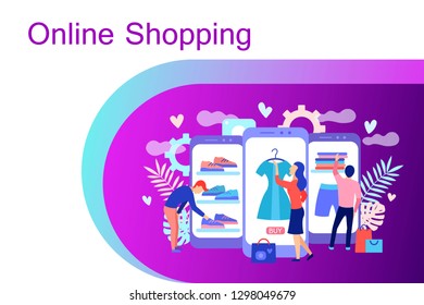 Online shopping concept with characters. A men and a woman buy things in the online store. Modern flat design concept of web page design for website and mobile website.