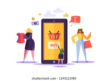 Online Shopping Concept with Characters. Mobile E-commerce Store with Flat People Buying Products with Smartphone and Tablet. Consumerism Business. Vector illustration