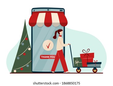 Concepto de compra en línea con personajes. Teléfono móvil, árbol de Navidad decorado y mujer con cajas de regalo. E-Commerce Online Shop, concepto de marketing digital. Compras navideñas por aplicaciones telefónicas 