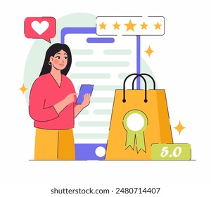 Online shopping concept. The client leaves positive feedback. Vector flat illustration.