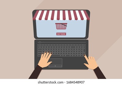 Online shopping concept: close-up of women's hands making an order on the internet in a laptop with a striped visor. The inscription buy now and the basket on screen. Vector flat illustration