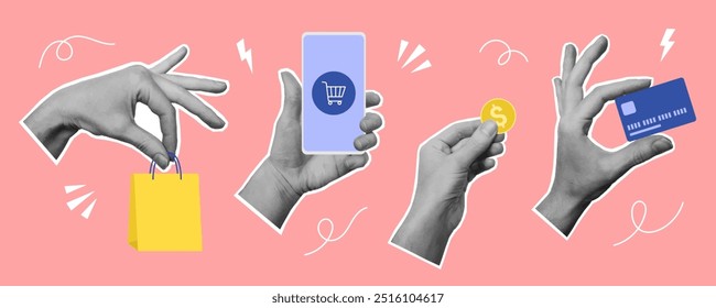 Online shopping concept. Collage design with hands holding smartphone, paper bag, credit card and money. Vector illustration