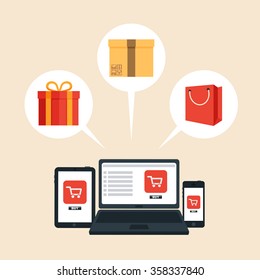 Concepto de compras en línea. Ilustración de vectores coloridos