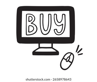 Online-Shopping-Konzept. Computer und Aktion kaufen, klicken Sie auf kaufen Symbol doodle handgezeichnet. Das Symbol für die Umrisslinie eines Cliparts. Vektorgrafik