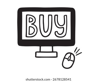 online shopping concept. computer and action buy, click buy icon doodle hand drawn. Outline line drawing clipart symbol. Vector illustration
