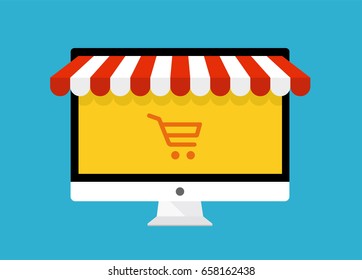 Online shopping concept. Computer with awning - stock vector.