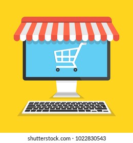 Online shopping concept. Computer with basket on screen. Vector illustration.