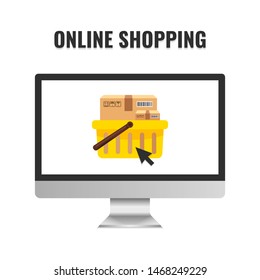 Online shopping concept. Computer with basket on screen. Vector illustration.