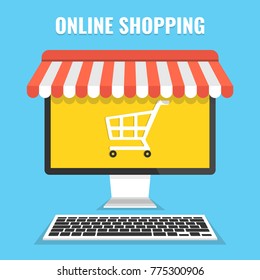 Online shopping concept. Computer with basket on screen. Vector illustration.
