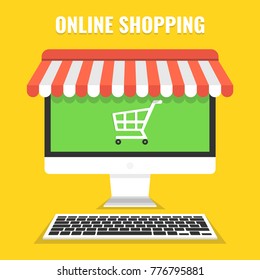 Online shopping concept. Computer with basket on screen. Vector illustration.