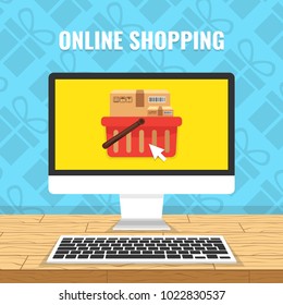 Online shopping concept. Computer with boxes on screen and wooden table. Gifts on background.  Vector illustration.