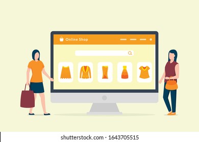 online shopping concept with computer desktop and ecommerce shopping icon  with two woman