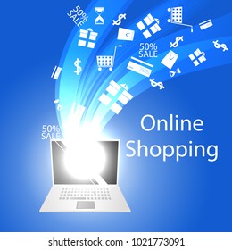 Online shopping concept with computer and flying shopping icons with abstract effect. Vector illustration.