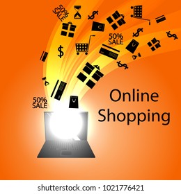 Online shopping concept with computer and flying shopping icons with abstract effect on orange background. Vector illustration.