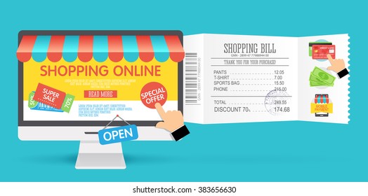 Online shopping concept with computer monitor and icons in flat style.