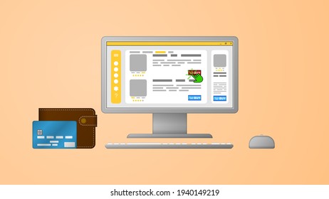 Online shopping concept. Computer with an open page of the online store. Web vector illustration.