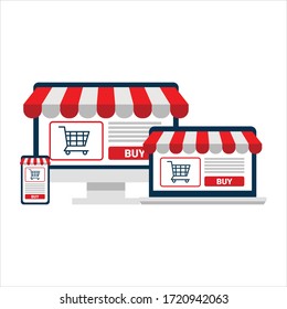 online shopping concept. computer screen, open laptop and smart phone. flat illustration