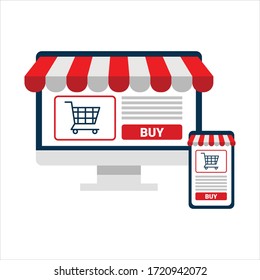 online shopping concept. computer screen, and smart phone. flat illustration