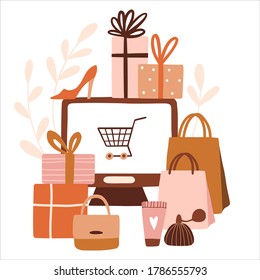 Online shopping concept. Computer screen on website with shopping cart. Cute hand drawn flat vector illustration with bags, gifts, boxes and and items from online shops. Internet digital marketing