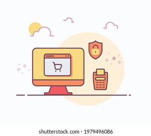 online shopping concept computer shield edc machine with soft color solid line style