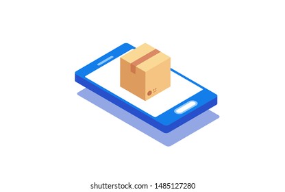 Online shopping concept. Creative isometric smartphone with craft paper secret gift box.