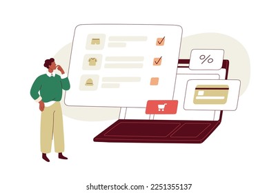 Online shopping concept. Customer buying, paying in internet store, adding purchases, goods to virtual cart, order list on web-site. Flat graphic vector illustration isolated on white background