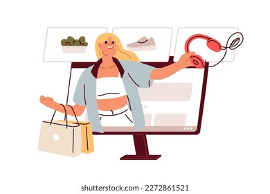 Concepto de compras en línea. El cliente compra bienes, haciendo compras en una tienda virtual de Internet. Mujer feliz compradora en ventas en el mercado web. Ilustración vectorial plana aislada en fondo blanco