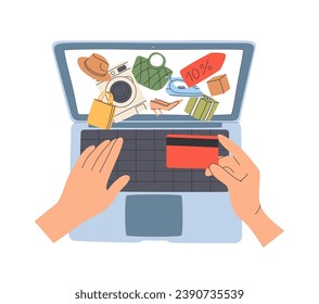 Online shopping concept. Customer buying, paying in internet store, adding purchases, goods to virtual cart, order list on web-site. Flat graphic vector illustration isolated on white background