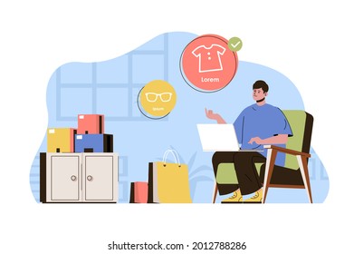 Online-Shopping-Konzept. Der Kunde kauft mit Laptop-Situation ein. E-Business, Marketing-Technologie Menschen Szene. Vektorgrafik mit flachem Zeichendesign für Website und mobile Website