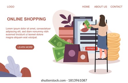 Online Shopping concept with customer standing on a ladder in front of a mobile device making payment with green dollar bills and coins, colored vector illustration web template