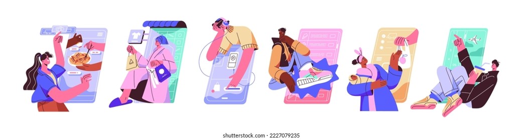 Online shopping concept. Customers buying, ordering via internet with mobile phone app. People and smartphone application for purchases. Flat graphic vector illustration isolated on white background