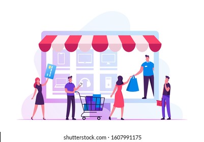 Online Shopping Concept. Customers with Credit Cards and Trolleys Buying Goods at Huge Gadget Screen with Purchase Icons. Digital Marketing, Internet Store Business. Cartoon Flat Vector Illustration