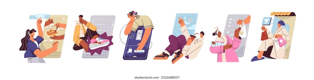 Online shopping concept. Customers make purchases of internet with smartphone. People buy clothes, make orders of food, booking tickets by phone. Flat isolated vector illustrations on white background