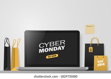 Online shopping concept. Cyber monday. Big sale. Workspace with laptop and shopping bags . Vector illustration