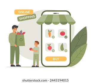 Online shopping concept. Dad and son buy fresh vegetables from online store using phone app. Recycle bag full of food